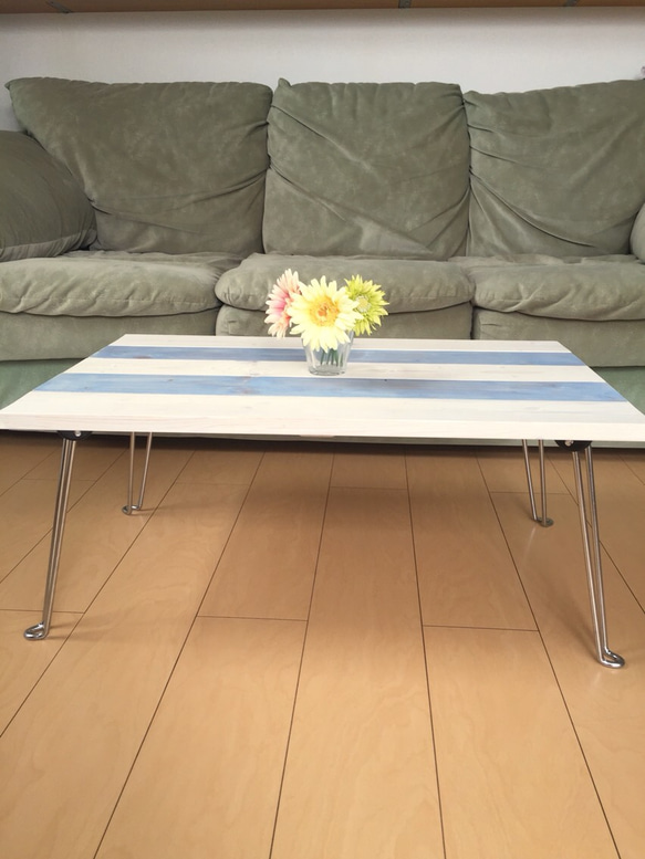 西海岸スタイル シャビー折りたたみテーブル  ブルー&ミルキーホワイト 2枚目の画像