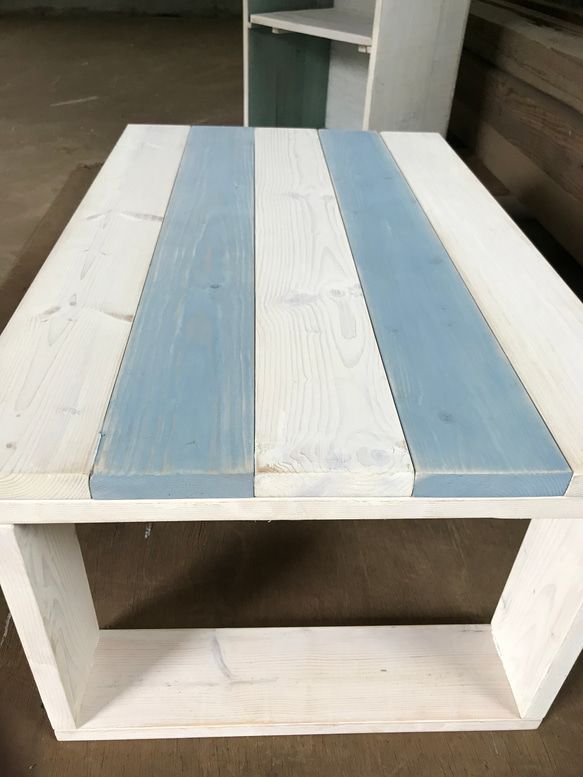西海岸スタイル シャビーローカフェテーブル ホワイト&ブルー 2枚目の画像
