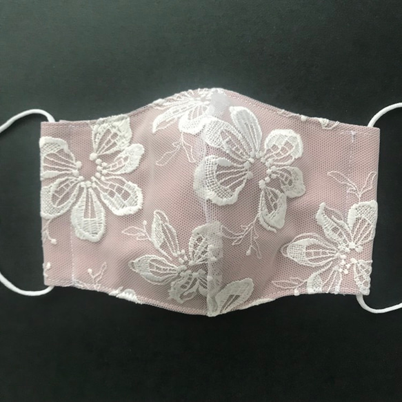 ニュアンスフラワー×くすみピンク チュールレース刺繍 と Wガーゼの 立体 布マスク 2枚目の画像