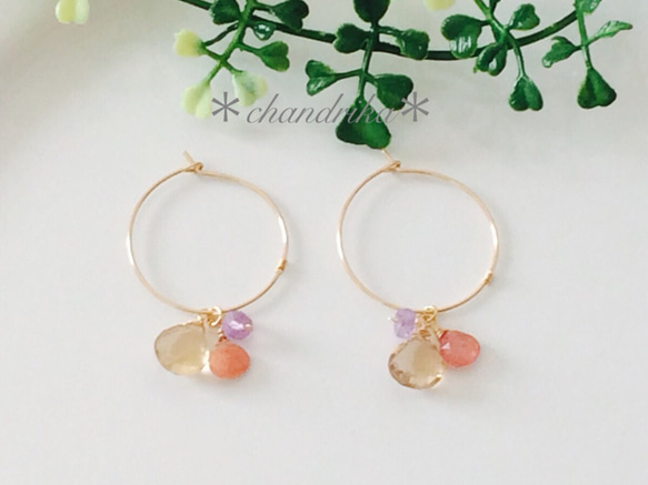 香檳色石英×印加玫瑰×紫水晶圈形耳環 第2張的照片