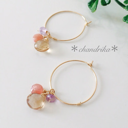 香檳色石英×印加玫瑰×紫水晶圈形耳環 第1張的照片
