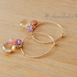 香檳色石英×印加玫瑰×紫水晶圈形耳環 第3張的照片