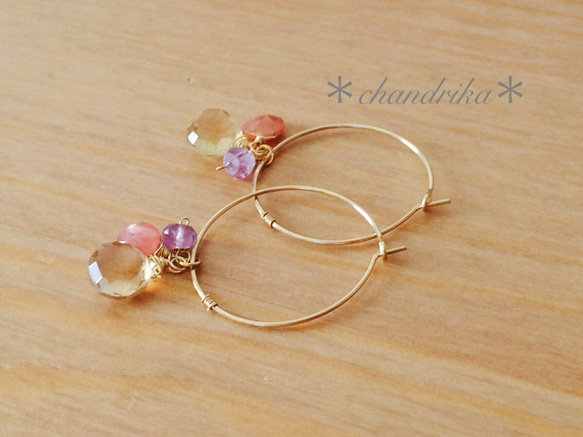 香檳色石英×印加玫瑰×紫水晶圈形耳環 第3張的照片