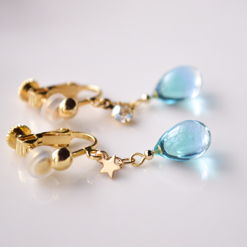 星の光の雫イヤリングorピアス-青緑×青- イヤリング