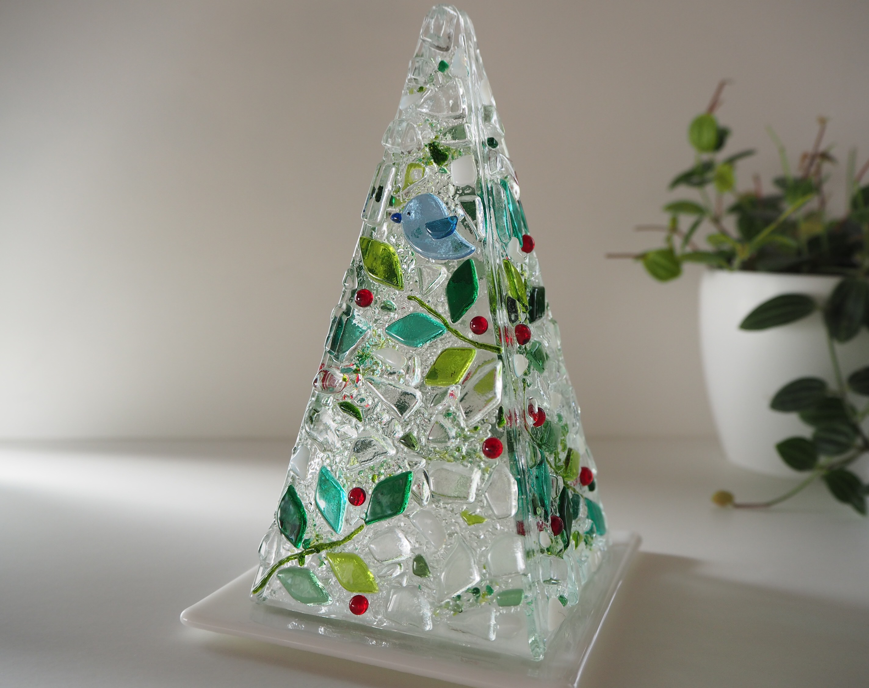 Happyを運ぶ青い鳥♪【即納】LEDキャンドルのミニランプ（赤い実と幸せの青い鳥）ガラスのランプ