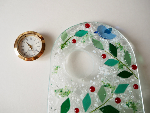 ちょこんと可愛い♪【オーダー制作】ミニ置き時計（リーフ）ガラスの時計 6枚目の画像