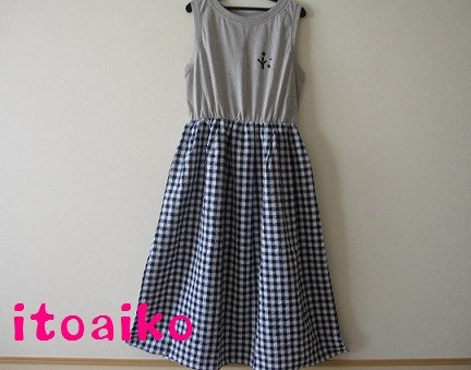 ギンガムチェック☆切り替えワンピース（ネイビー×ホワイト）