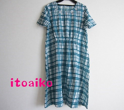 ミックスグレーのしずく☆さらりとコットン１００％チエックワンピース（グリーン）