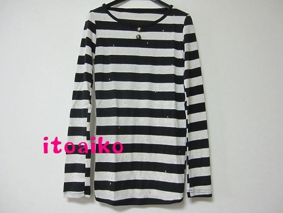 ボーダーに金色の三日月＆木☆☆コットンシャツ（クロ×オフ）