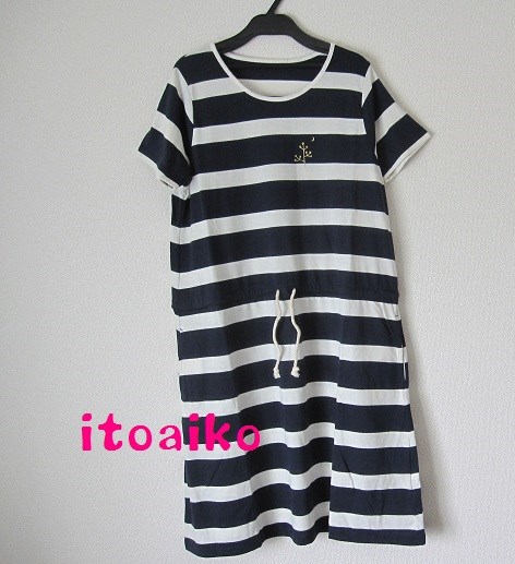 木と三日月ラメデザイン☆ボーダーワンピース（ネイビー×シロ）