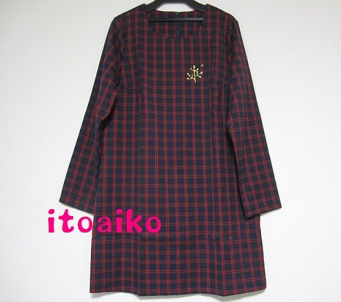金色ラメの木と三日月☆☆チェック柄ワンピース♪（ボルドー×ネイビー）