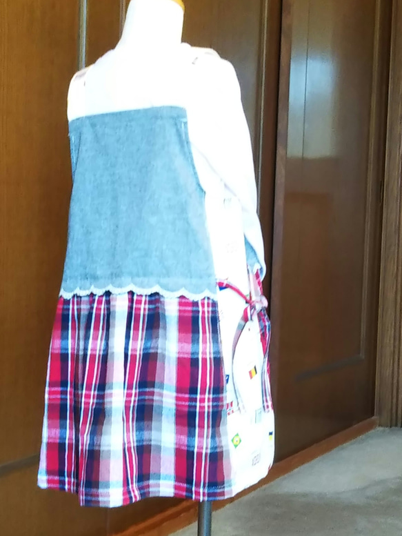 子供服 ☆チェック&国旗柄&スカラップレースのエプロンドレス風ジャンパースカート  サイズ120 9枚目の画像