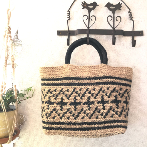 クロス模様編みカゴバッグ（ブラック） かごバッグ K☆knit 通販