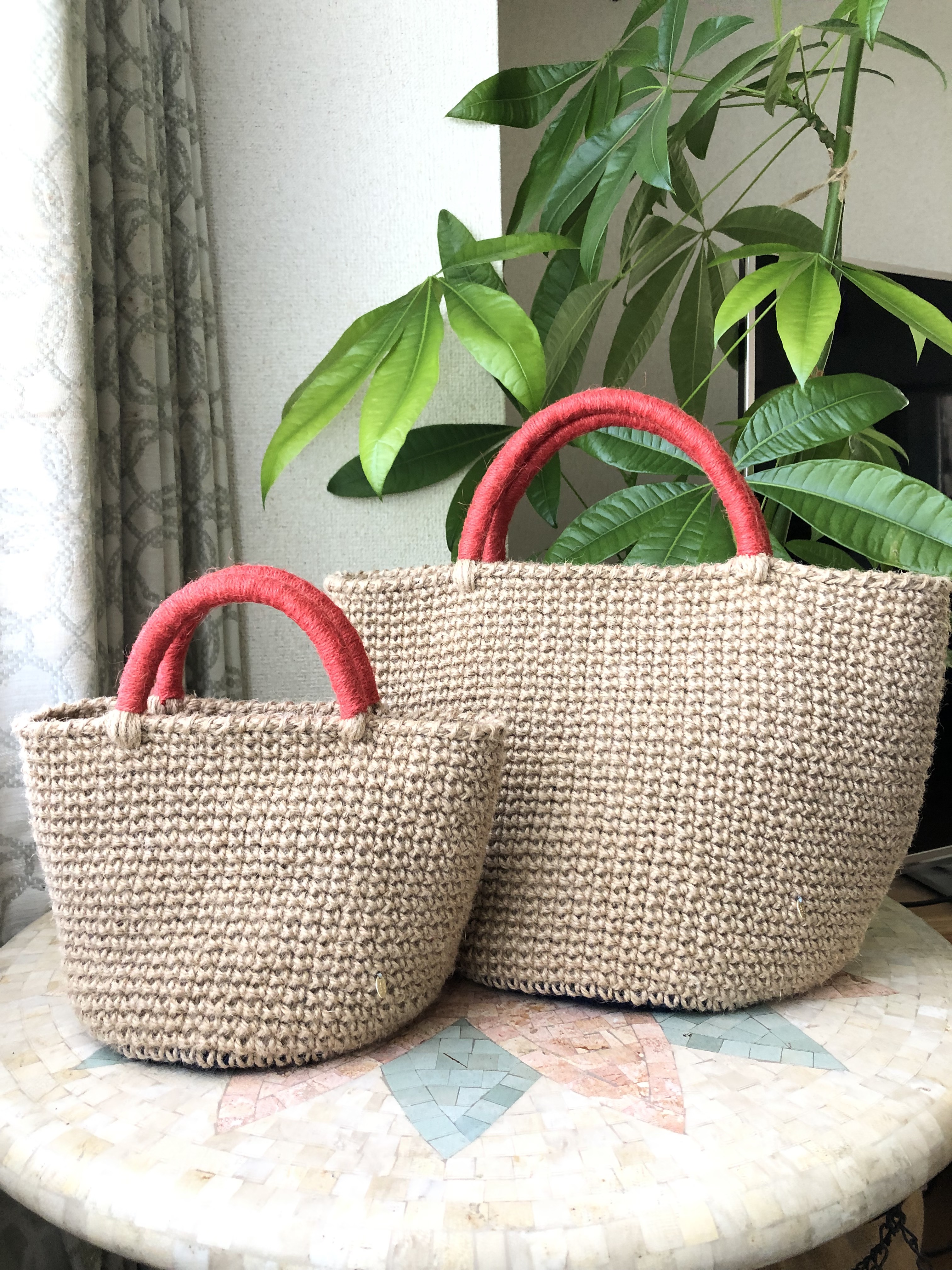 【受注製作】再販5 ママとお揃い♡ 持ち手カラーシンプル親子麻ひもカゴバッグ（オレンジ　ネイビー）2点セット