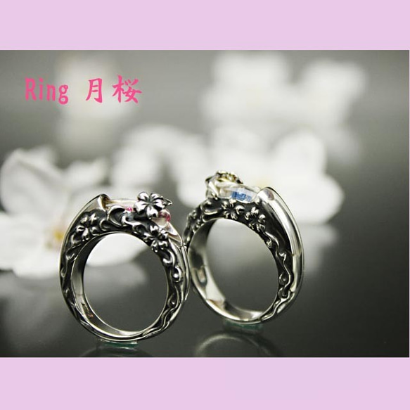 浪漫月亮和櫻花日式圖案設計銀戒指月櫻免費送貨 第1張的照片