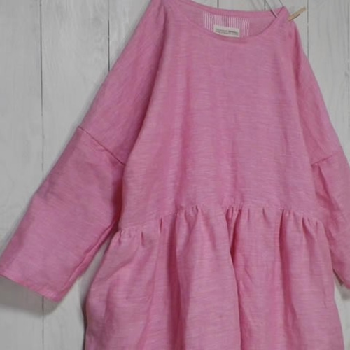 ローズピンク【リネン】切り替えギャザー☆ワンピース ワンピース つじ  