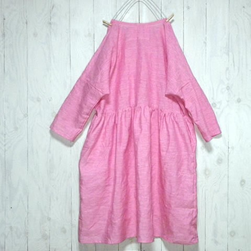 ローズピンク【リネン】切り替えギャザー☆ワンピース ワンピース つじ  