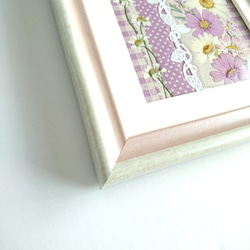 【送料無料】可憐なマーガレットの押し花額・ボーダーピンクのファブリック調デザイン押し花アートフレーム 4枚目の画像