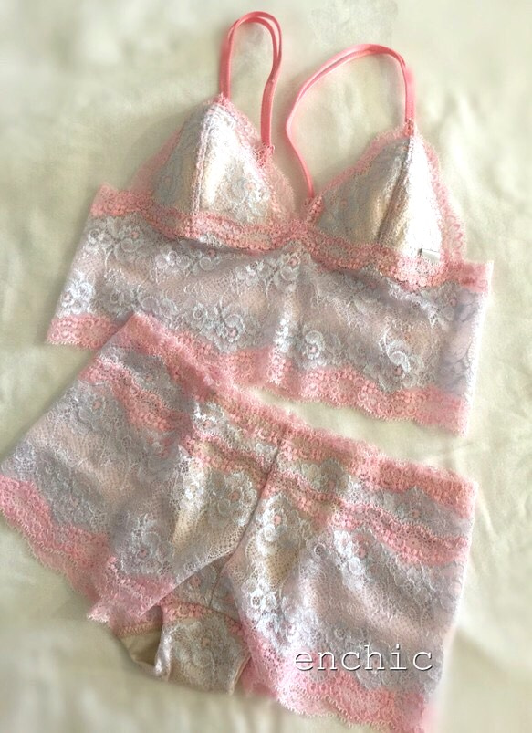 再販不可◆relax bra & shorts set #77-pink × sax 1枚目の画像