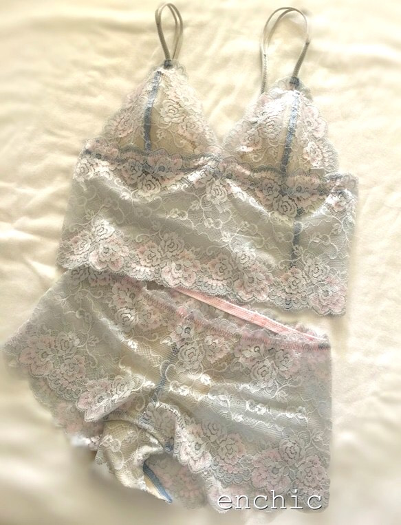 再販不可◆relax bra & shorts set #83-grayish sax ×pink 1枚目の画像