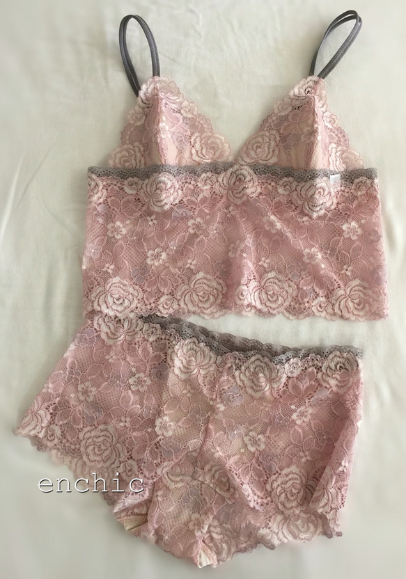 再販不可◆relax bra & shorts set #135-pink×gray/オーダーランジェリー 1枚目の画像