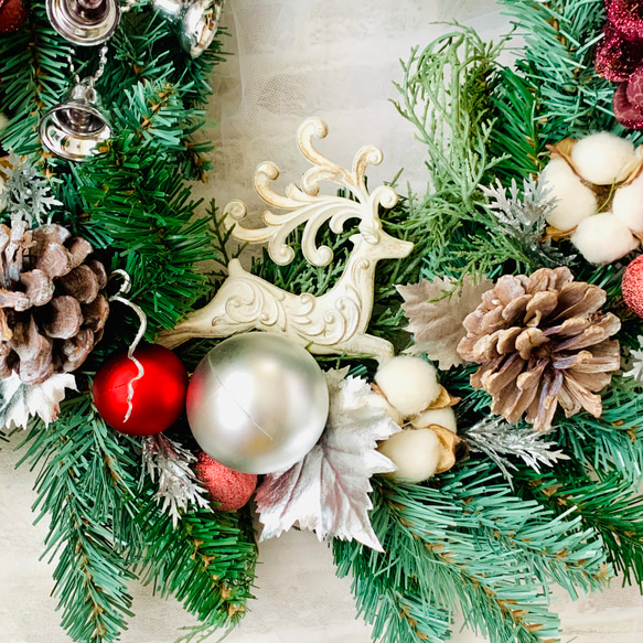 クリスマスリース、造花リース、トナカイ　ポインセチア　シックリース　『早割クリスマス2021』　50㎝ 3枚目の画像