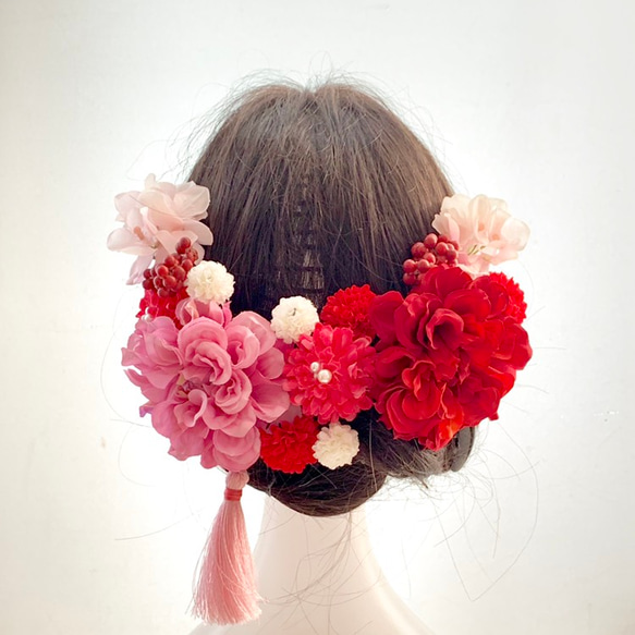 成人式、結婚式、赤とピンクの可愛い髪飾り ヘッドドレス 2枚目の画像