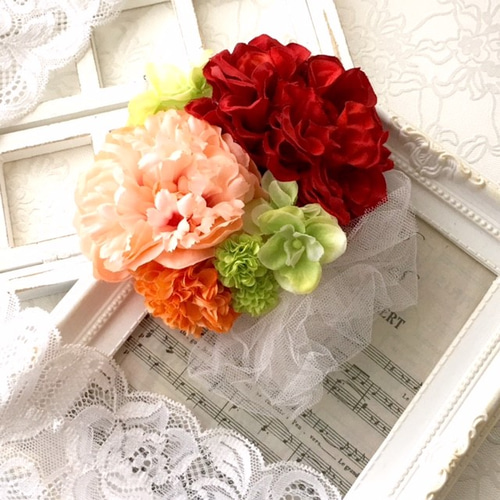 七五三髪飾り ダリア 紫陽花 赤い実 チュール髪飾り 成人式、卒業式