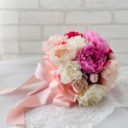 ピオニーブーケ 芍薬 結婚式 花嫁ブーケ ※ブートニア付き 芍薬・ピオニー（造花ブーケ）｜ブーケエラベル