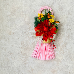お正月　しめ飾り　ピンク　ダリア　しめ縄飾り　春色　造花 1枚目の画像