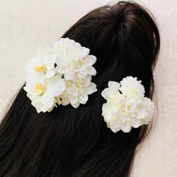 結婚式　胡蝶蘭とアジサイとダリアの髪飾り、胡蝶蘭髪飾り、ヘッドドレス　コチョウラン　ウェディング 3枚目の画像