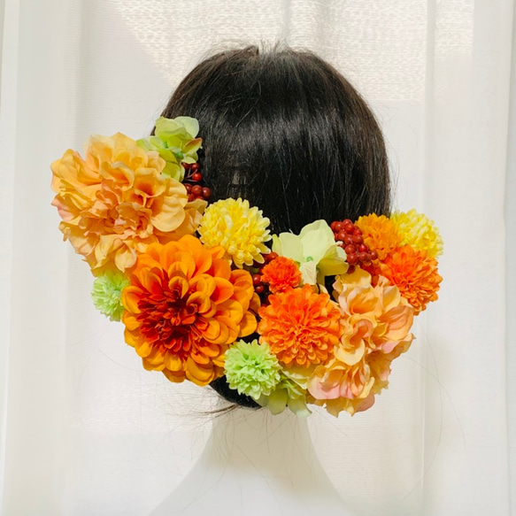 ウェディング　成人式　卒業式　オレンジ　イエロー　和装　造花髪飾り　結婚式 3枚目の画像