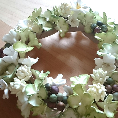 紙粘土＊紫陽花のふわふわリース(green) リース ＊yukako＊ 通販