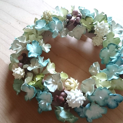 紙粘土*紫陽花のふわふわリース(blue) リース *yukako* 通販 紙粘土*紫陽花のふわふわリース(blue) リース *yukako* 通販