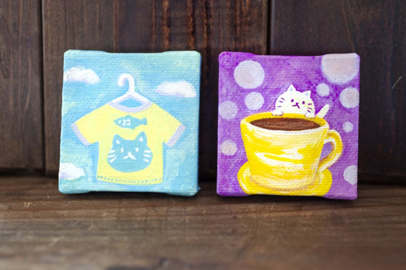 タイトル【コーヒー】〈ミニサイズ　原画　アクリル絵の具　アクリル画　猫　ネコ　珈琲　コーヒー　香り〉 4枚目の画像