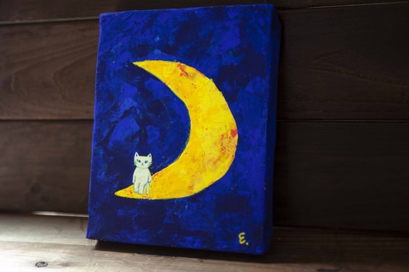 「月夜」　　　　　＃三日月＃猫＃白猫＃夜＃青＃アクリル絵の具＃友達 2枚目の画像