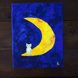 「月夜」　　　　　＃三日月＃猫＃白猫＃夜＃青＃アクリル絵の具＃友達 3枚目の画像