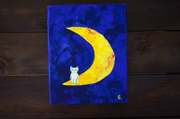 「月夜」　　　　　＃三日月＃猫＃白猫＃夜＃青＃アクリル絵の具＃友達 3枚目の画像