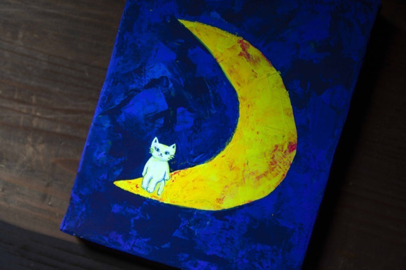 「月夜」　　　　　＃三日月＃猫＃白猫＃夜＃青＃アクリル絵の具＃友達 4枚目の画像