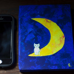 「月夜」　　　　　＃三日月＃猫＃白猫＃夜＃青＃アクリル絵の具＃友達 6枚目の画像
