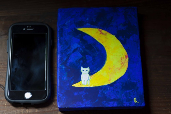 「月夜」　　　　　＃三日月＃猫＃白猫＃夜＃青＃アクリル絵の具＃友達 6枚目の画像