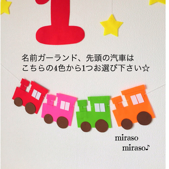 フェルト大きな数字のバースデーガーランド☆汽車の名前ガーランド付☆誕生日 飾り 3枚目の画像