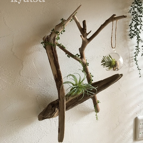 送料着払い】【35】壁掛け 流木アート☆流木グリーン 吊り下げガラス瓶