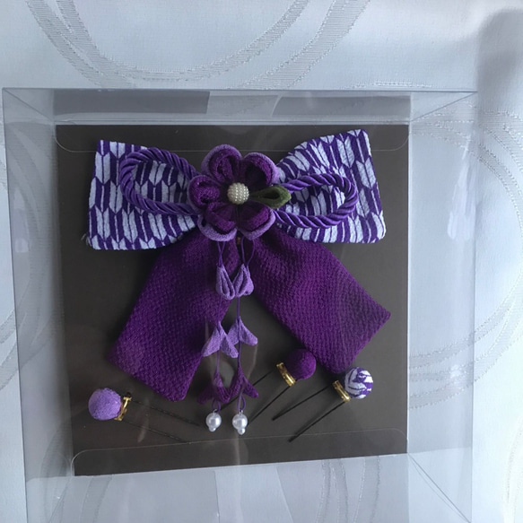 紫の矢がすりリボンの髪飾りセット（卒業式・袴・ちりめん細工） 5枚目の画像