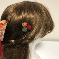 えんじと黄金色のマーガレット花リボンの髪飾りセット（卒業式・袴・ちりめん細工） 2枚目の画像