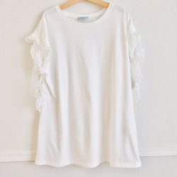 棉100％蓬鬆蕾絲袖T卹白色 第5張的照片