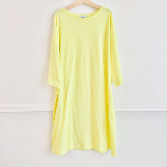 100％純棉薄抹布清爽搭配輕薄面料T卹連衣裙檸檬黃 第2張的照片