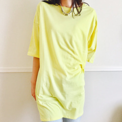 100％純棉薄抹布清爽搭配輕薄面料T卹連衣裙檸檬黃 第4張的照片