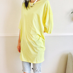 100％純棉薄抹布清爽搭配輕薄面料T卹連衣裙檸檬黃 第5張的照片