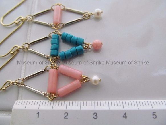 Diamond Shape[ダイアモンドシェイプ2]k14gfフックOKピンク珊瑚と淡水真珠のひし形ピアスイヤリングG 3枚目の画像